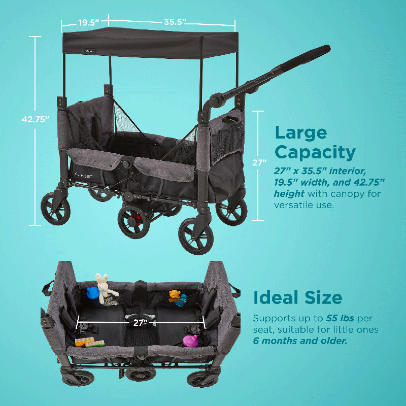 Contours Curve 360 Stroller Wagon for 2 Kids, Infant Car Seat Compatibility, Zero Turn Radius, Lightweight Foldable Push-pull Collapsible Wagon Cart for Garden, Stroller, Camping, Grocery Cart