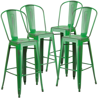 Commercial Grade Distressed Metal Indoor-Outdoor Counter Height Stool with Back
