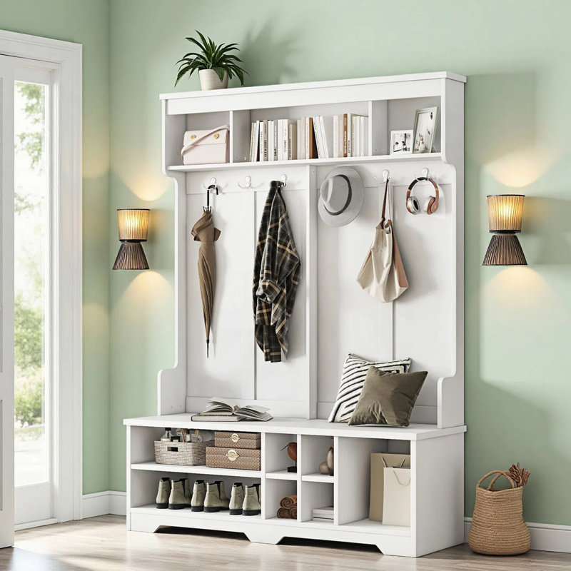 Arbre d'entrée avec banc et rangement pour chaussures, rangement pour vestibule 4 en 1 avec portemanteau, 6 crochets, tablette de rangement ouverte