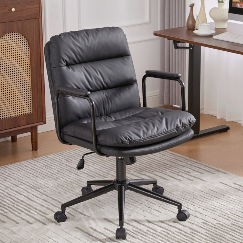 Chaise de bureau avec dossier inclinable de 40 po, dossier moyen et rembourré, roulettes, similicuir ergonomique, pivotant sur 360 °, hauteur réglable, coussin à double éponge, noir, pour coiffeuse de maquillage