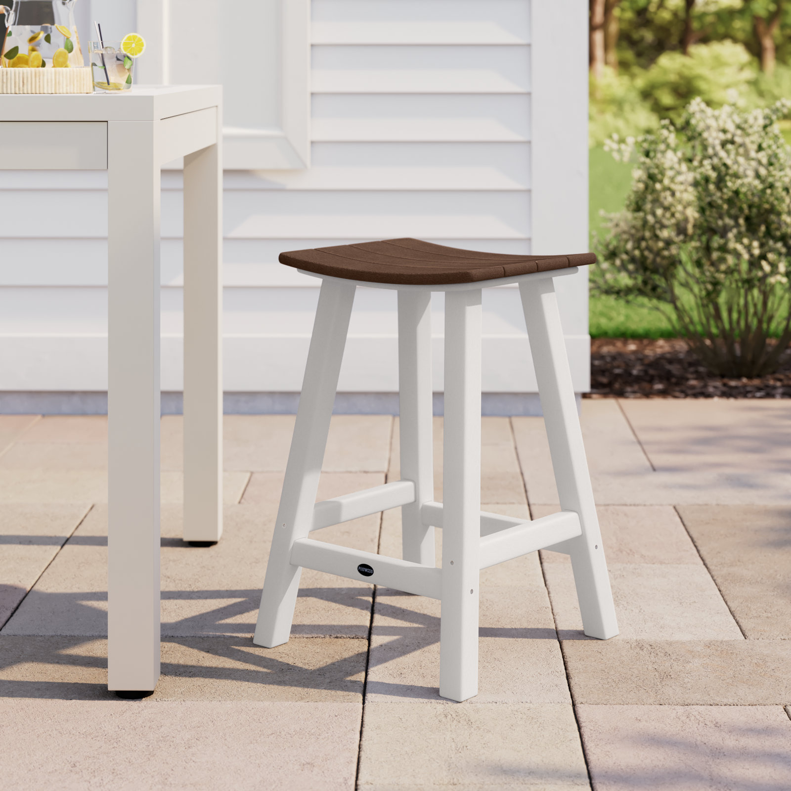 POLYWOOD® Contempo Saddle Counter Stool, White, Mahogany