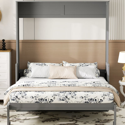 Queen Bed With Desk, Gray Finish, Led Lights And Charging, Space - Saving Solution For Limited Spaces, Quality Wooden Slats, Dual Piston Mechanism Siz