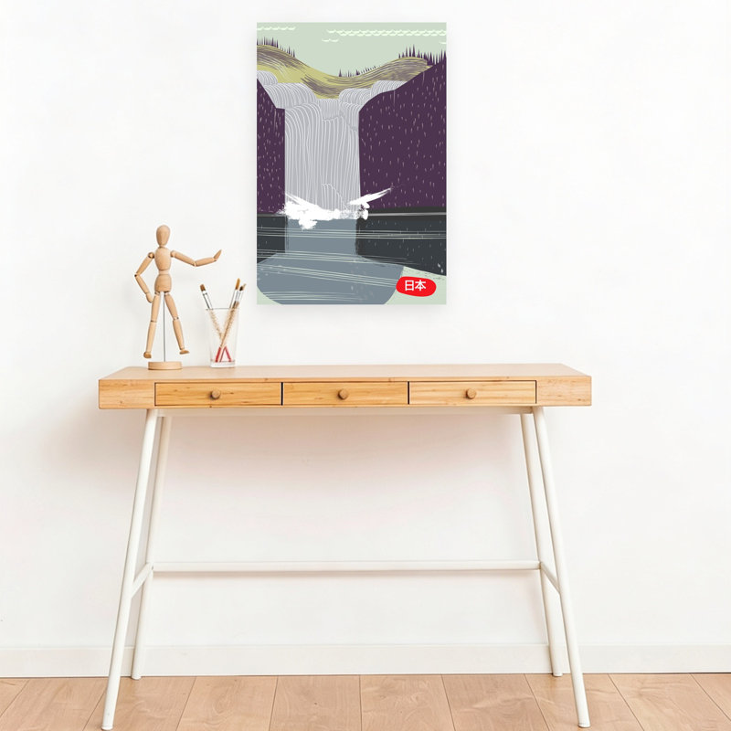 Japanese Waterfall Birds Minimalist Peaceful Retro Bird Forest Landscape Wall Art Print 1 Piece Wrapped Canvas Wall Art