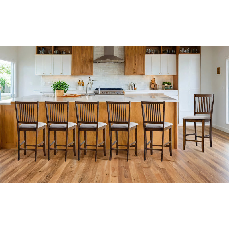 Chic Slat Back Wooden Counter Stools with Upholstered Seats, Brown, 6