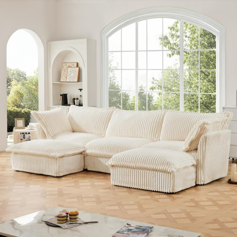 Canapé, repose-pieds en chenille, Crème - incorrect, H 34,6 po x l 120 po x P 55 po, 3
