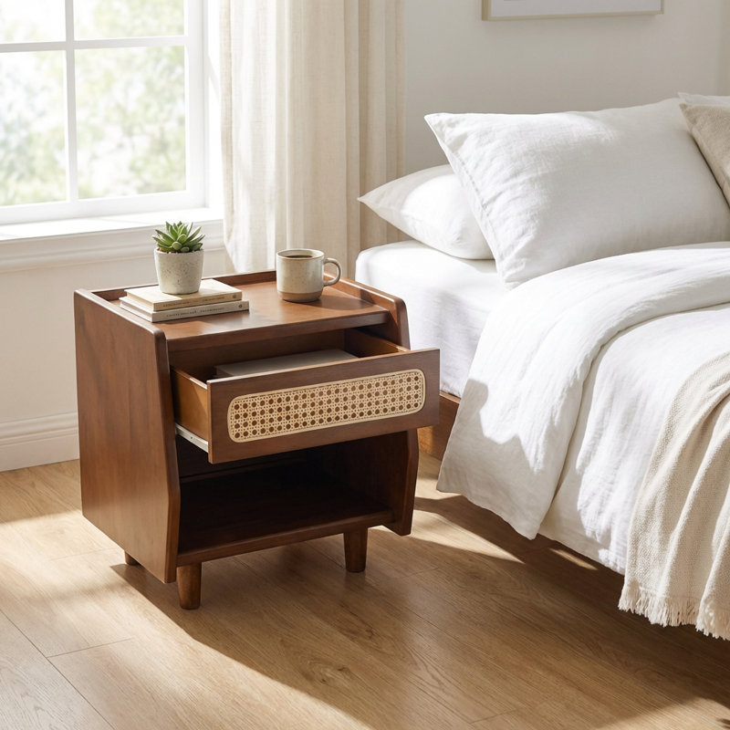 Table de chevet contemporaine avec décor en rotin tissé avec tablette ouverte et tiroir