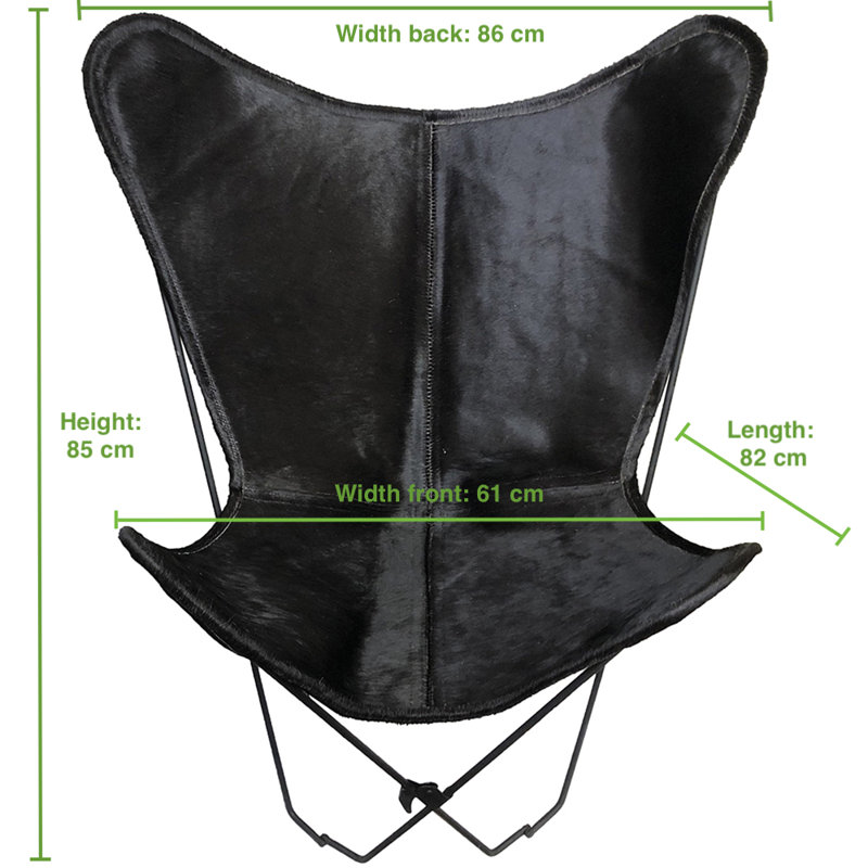 Fauteuil papillon en cuir de vache 33,8 po Banjabaru, Cuir véritable noir / blanc / fourrure véritable