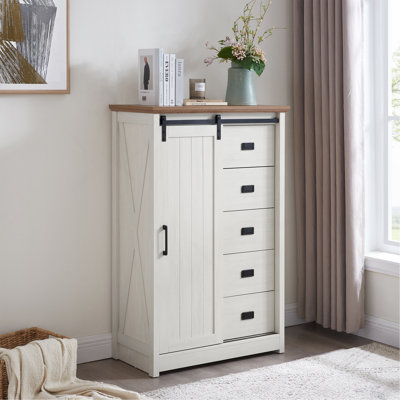 Commode 5 tiroirs avec porte de grange coulissante, commode haute de style campagne moderne 5 tiroirs, commode de rangement pour chambre à coucher, couloir, salon, chambre d'enfant