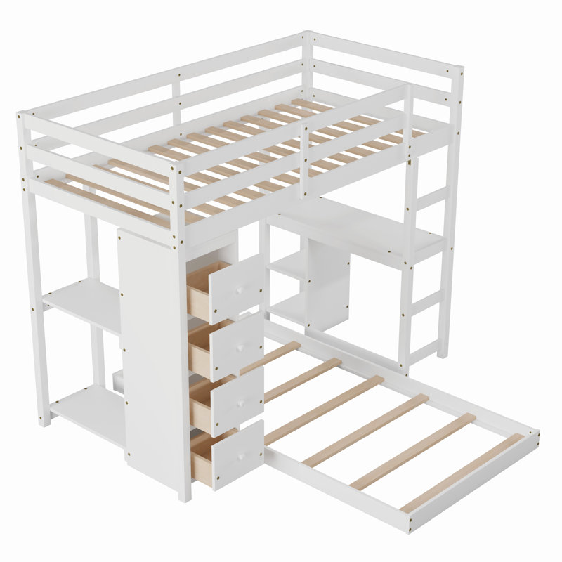 Lit superposé simple au-dessus de simple avec bureau intégré Grigoria par Harriet Bee, Blanc