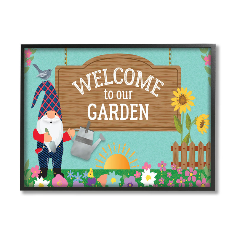 Welcome To Our Garden, gnome, estampe numérique par Linda Birtel, H 24 po x l 30 po x P 1,5 po, Giclée encadrée noir minuit