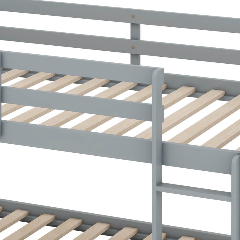 Twin Over Twin Solid Rubber Wood Floor Bunk Bed – Ladder & Strengthened Slat Upper/Bottom Platforms, Gray