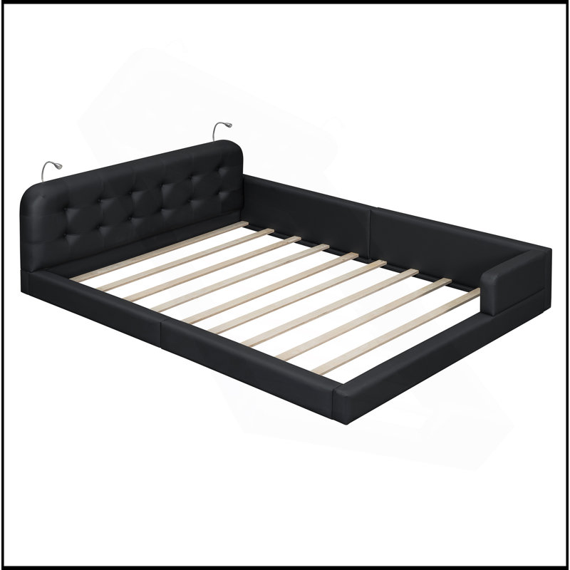 Lit plateforme tapissier avec 2 lampes de lecture, Noir, noir, noir, noir
