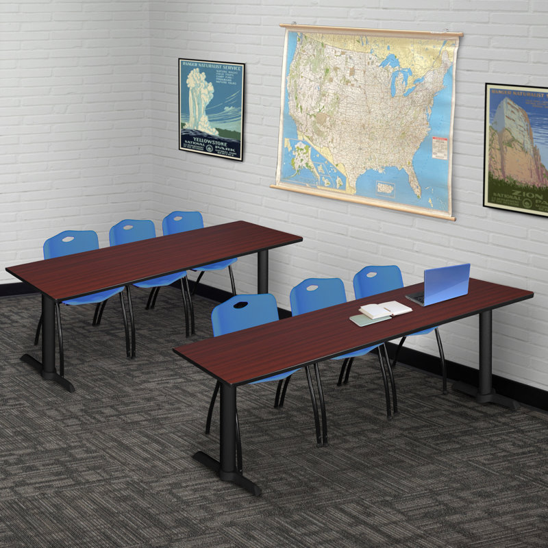 Table de formation Neyland Cain T-Base et 3 chaises empilables, Bleu, Cerisier