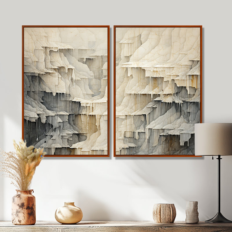 Beige et gris cascade simple - décoration murale traditionnelle, Brun, H 36 po x l 48 po, Impression encadrée flottante