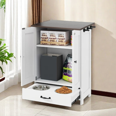 Station d'alimentation pour chien, armoire de rangement pour nourriture pour chien avec bols de chien cachés, panneau réglable, crochets, pour chiens de taille moyenne, blanc