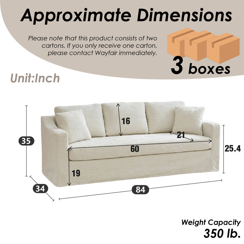 84"W 3-Seats Slipcovered Sofa With 2 Pillows, Beige