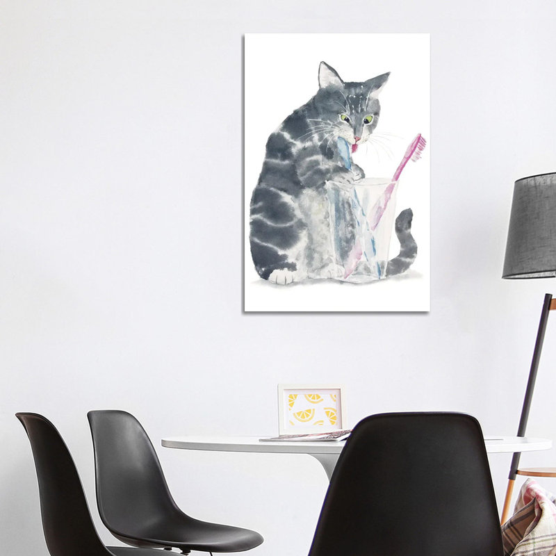 Gray Tabby Cat Brushing Teeth 1 Piece Wrapped Canvas Wall Art, 101.6 cm H x 66.04 cm W x 1.91 cm D