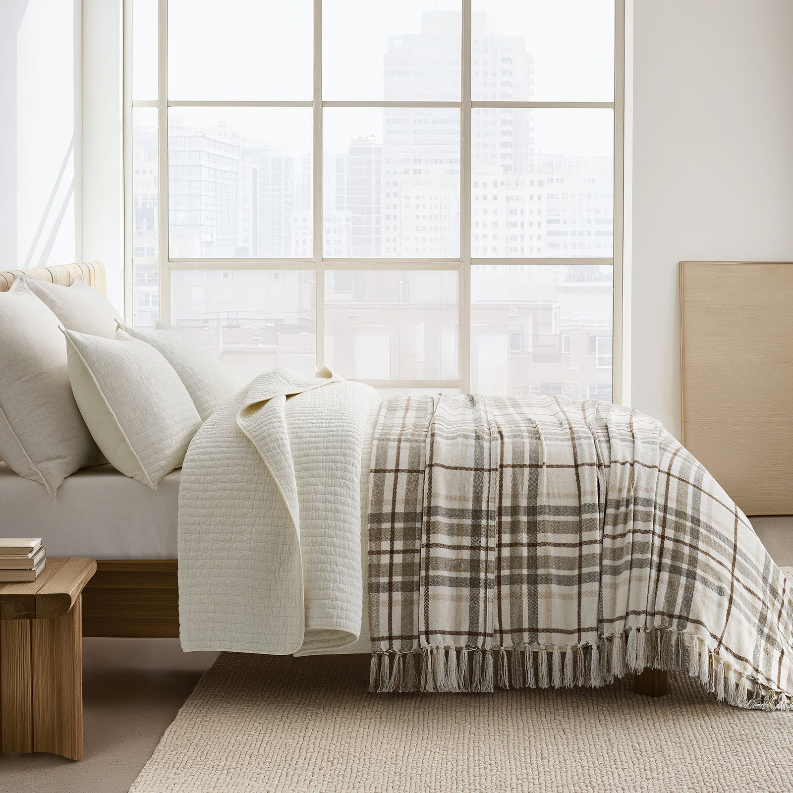Soft Chenille Throw Blanket, Beige/White Plaid, 90" L x 90" W