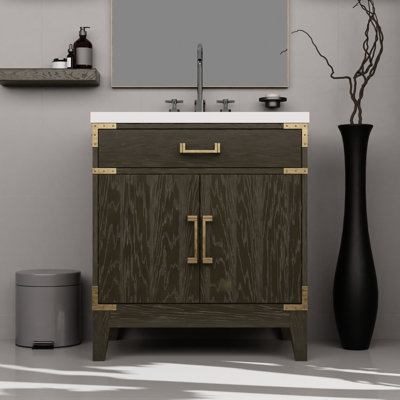 Brown Oak Bath Vanity 30x22, Polished White Quartz Countertop, Faucet Single 30" W X 22" D, Top, Faucet, Mirror