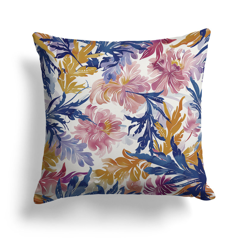 Coussin décoratif intérieur / extérieur Serendipity Blooms, H 16 po x l 16 po, Bleu / Rose