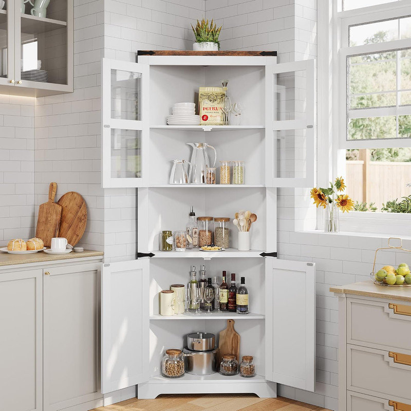 69" Tall Triangle Corner Cabinet with Glass Doors & Open Shelf, 6-Tier Space Saver Storage for Bathroom, Living Room, Kitchen, Hallway