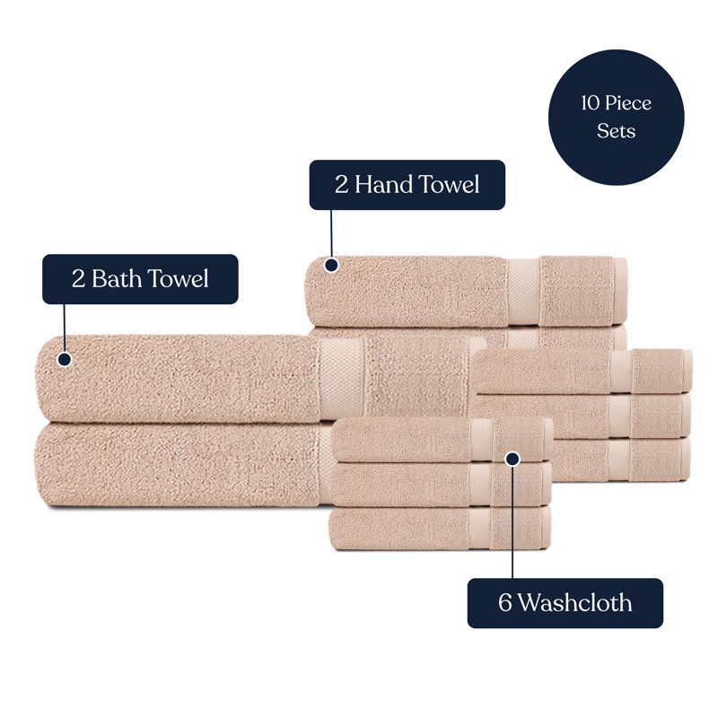 Delara Organic Cotton Plush Towel Set of 10, GOTS & OEKO-TEX Certified, 650 GSM, Soft, Quick-Dry, Absorbent, Hotel Quality
