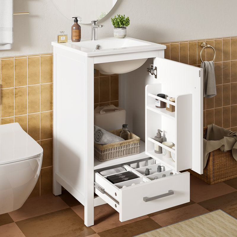 Meuble-lavabo autoportant avec portes à fermeture douce, lavabo simple inclus, Blanc, 18"