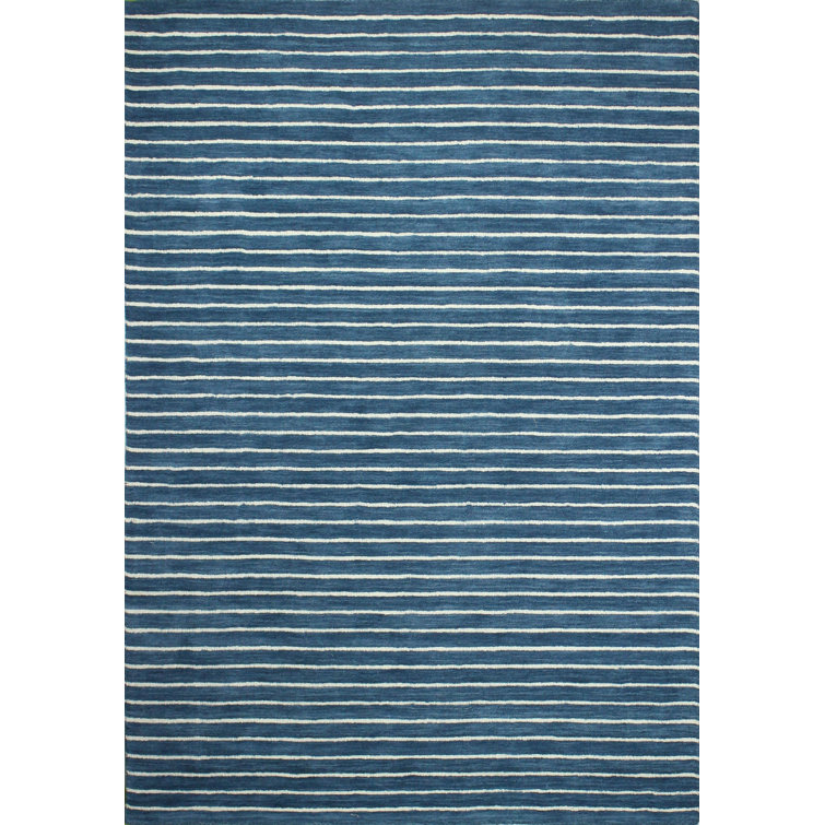 Campari Striped Hand Loomed Wool Azure/White Area Rug