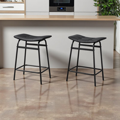 Horace 2-Piece Black Leather Upholstered Bar Stool With Metal Leg, 24.25" H x 17.77" W x 12.51" D