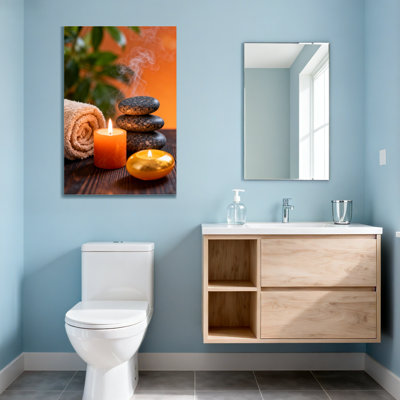 Bain et buanderie, bougie, pierres, fumée, plante, serviette, fond orange