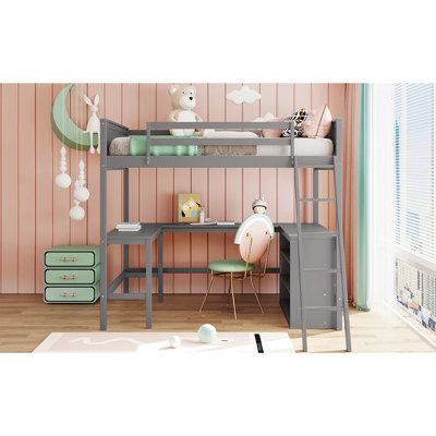Lit mezzanine double avec bureau - gris, bois massif fabriqué pour la chambre à coucher gris et tablettes, fabriqué par des étudiants