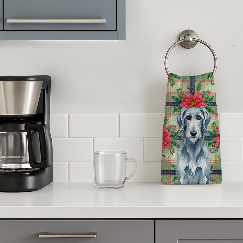 Blue-Gray Scottish Deerhound Christmas PoinsettIas Kitchen Towel, Blue-Gray Scottish Deerhound