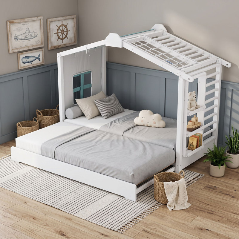 Lit simple en bois avec lit gigogne simple et tablettes latérales, White