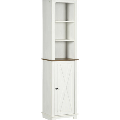 Slim Bathroom Linen Cabinet With Triple Open Shelves And Door, White Freestanding Storage Tower Adjustable Shelf For Cleaning Products, Hygiene Items Shelves, Door Towels, Products