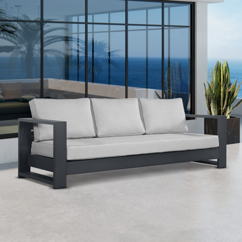 Hoyt 92.52” Outdoor Aluminum 3-Seater Sofa, Slate Black, Light Gray