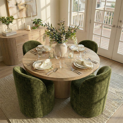 Ensemble de table de salle à manger pour 4 personnes avec table ronde en bois massif et 4 chaises rembourrées en chenille