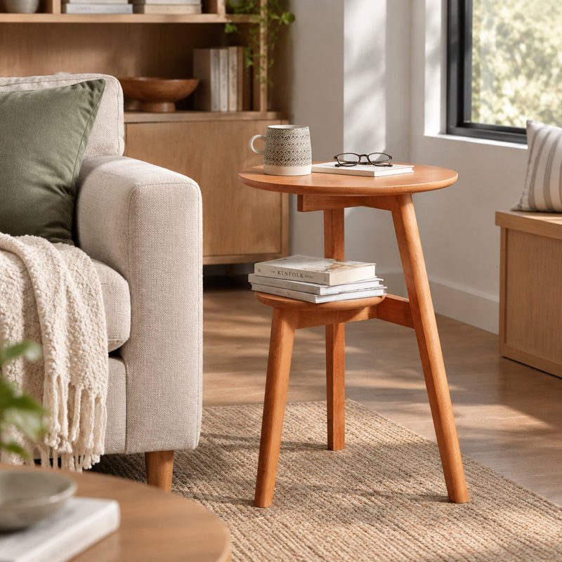 Table d'appoint ronde à deux niveaux en bois massif avec tablette de rangement, idéale pour le canapé et la table de chevet.