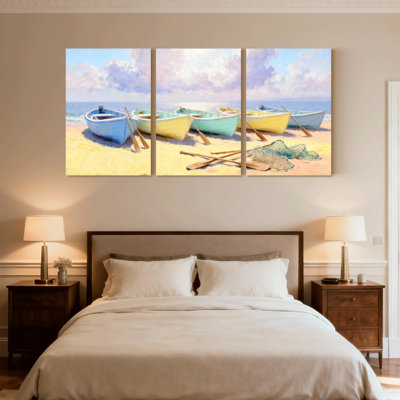 Plage, bateaux de plage, ciel coloré, raquettes de sable, ensemble de 3 impressions sur toile