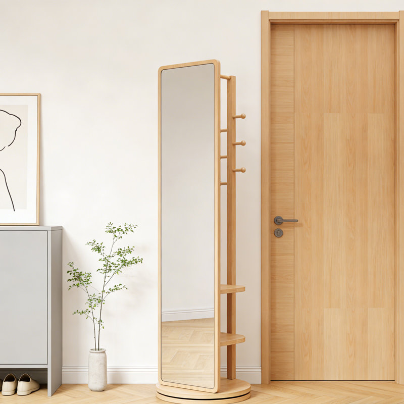 360° Rotating Storage Rack Coat Rack With Mirror, Natural