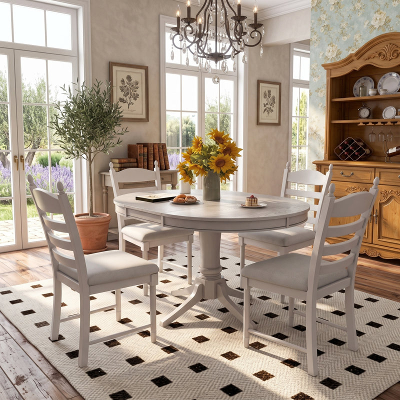 Ensemble de table de salle à manger extensible vintage rétro avec 4 chaises rembourrées, style ferme en bois massif pour une élégance intemporelle dans la salle à manger