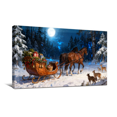 Christmas Christmas Sleigh Horse Deer Moon Snow Forest Night
