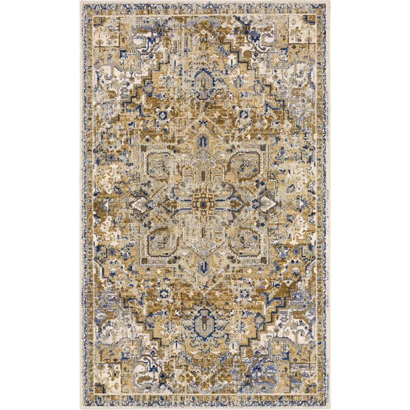 Tapis oriental jaune / bleu, Rectangle 5 pi x 8 pi