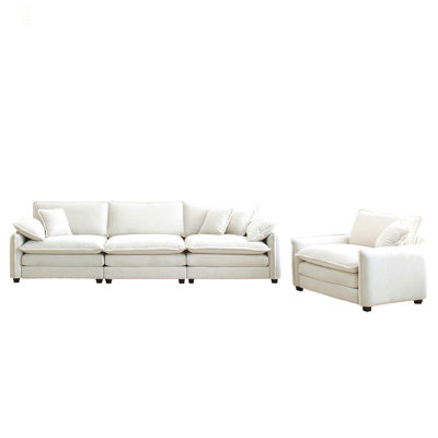 Mid-Century Modern Sofa Set Of Two, One 3-Seater Sofa And One Single Seat Sofa With 2 Arm Pillows And 4 Throw Pillows,2 Pieces Sofa Set For Living Room, Beige Corduroy Fabric