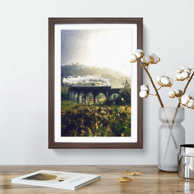 Steam Train over Glenfinnan Viaduct - Picture Frame Painting Print, 65cm H x 48cm W x 2cm D, Walnut Framed