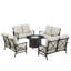 Ensemble de table de foyer en aluminium noir avec quatre causeuses profondes