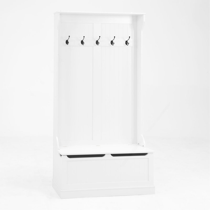 Banc d'entrée avec portemanteau, arbre d'entrée avec banc de rangement pour chaussures, rangement pour hall d'entrée avec 5 crochets, blanc