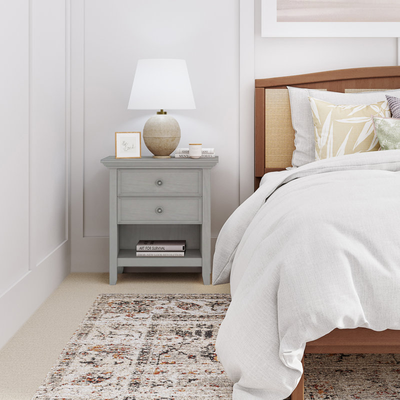 Amherst 24"W Solid Wood Transitional Nightstand with 2 Drawers and Open Storage Shelf, Fog Gray