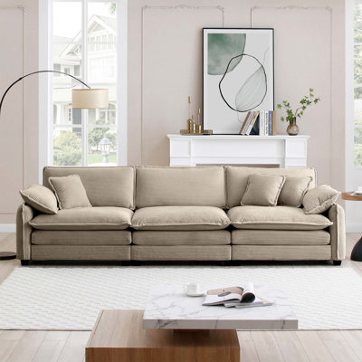 Mid-Century Modern 3-Seater Sectional Sofa With 2 Arm Pillows And 3 Throw Pillows, Tan Corduroy Fabric