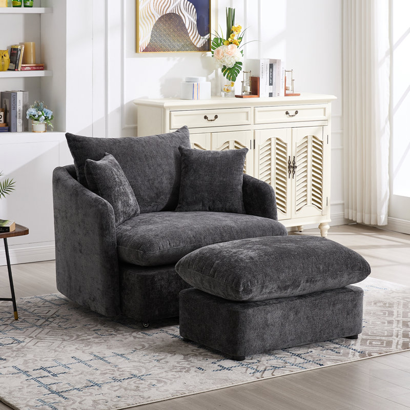 Fauteuil d'appoint pivotant surdimensionné avec repose-pieds, grand siège pour le confort, 3 coussins, tissu chenille pour le salon