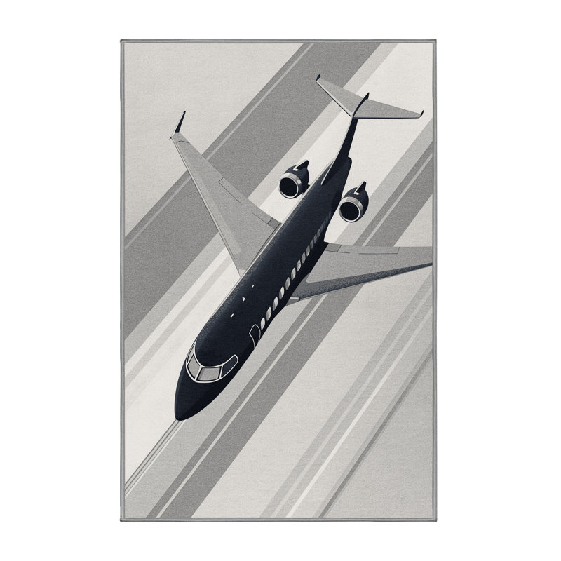 Soft Plush Eckart Passenger Jet Airplane Modern & Contemporary Area Rug in Gray – Gray Binding, 2x4